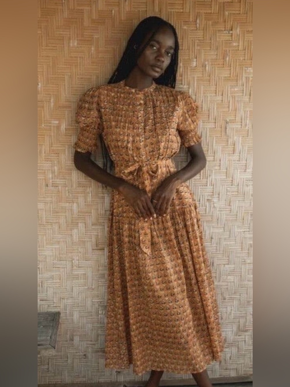 Daughters of India Womenโs Autumn Prairie Midi Dress, Rust w/ Floral Print Small